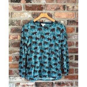Sundance Blue Cotton Woodland Bear Novelty Print Long Sleeve Shirt Top, M